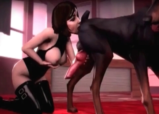 Brunette is sucking a horny 3D Doberman