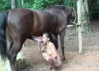 Horse cums in her small mouth