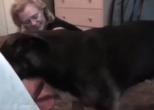 Juicy girl is sucking a doggy dick