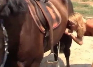 Sexy blonde and a big black horse