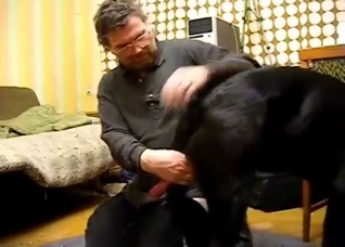 Dog has hots for a chubby dude in glasses