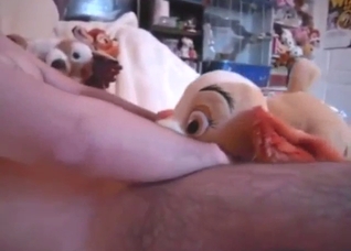 Slutty dog plushie has its mouth wide open