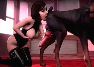 Brunette is sucking a horny 3D Doberman