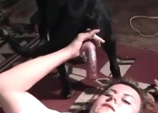 Crazy girl is sucking a doggy wiener